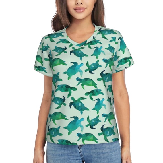 Uemuo Green Sea Turtle Printed Women's Classic V-Neck T-Shirt - Soft, Breathable, Moisture-Wicking, Perfect for Casual, Office, Travel, and Everyday Wear-Medium
