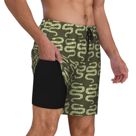 Uemuo Green Snake Pattern Mens Swim Trunks Quick Dry Board Shorts with Mesh Lining, Stretch Beach Shorts Quick Dry No-Chafing Board Shorts-X-Large