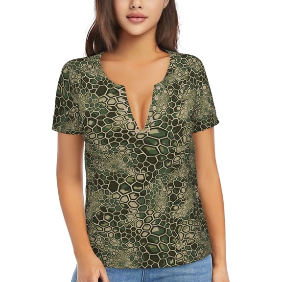 Uemuo Green Snake Skin Drawing Women's Deep V-Neck Low Cut Tops - Casual Loose Fit with Stainless Steel Loop, Soft, Breathable, Perfect for Office, Travel, and Daily Wear-Small