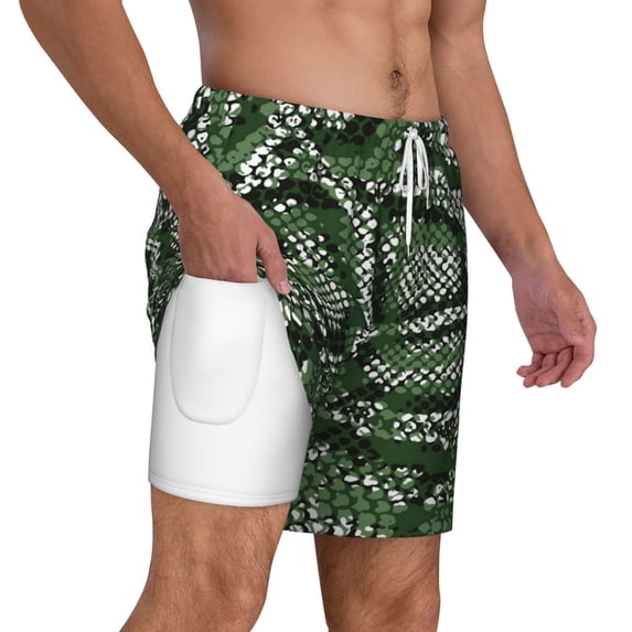 Uemuo Green Snakeskin Pattern Mens Swim Trunks Quick Dry Board Shorts with Mesh Lining, Stretch Beach Shorts Quick Dry No-Chafing Board Shorts-3X-Large