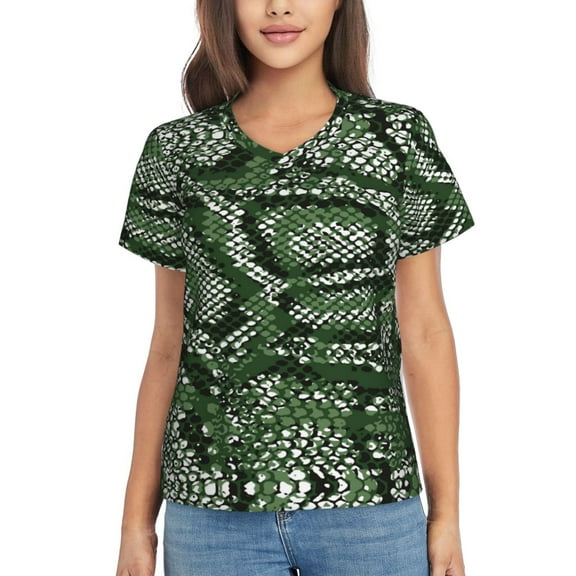 Uemuo Green Snakeskin Printed Women's Classic V-Neck T-Shirt - Soft, Breathable, Moisture-Wicking, Perfect for Casual, Office, Travel, and Everyday Wear-X-Large