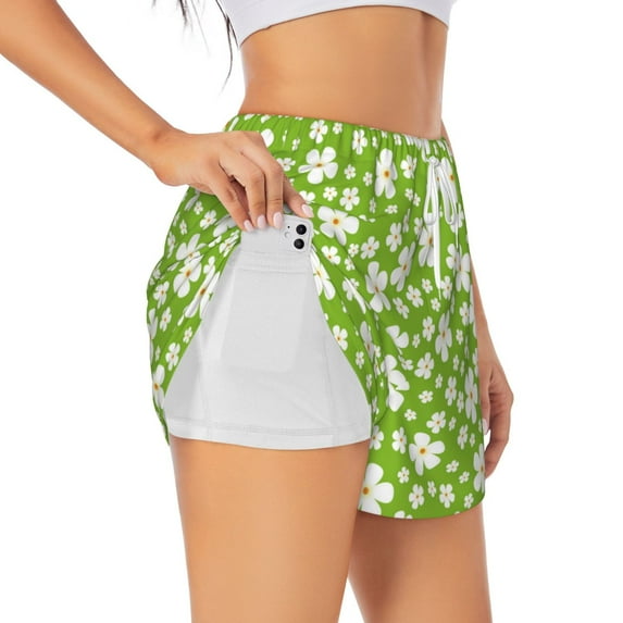 Uemuo Green White Flowers Pattern Women's Athletic Shorts High Waisted Running Shorts with Liner Pockets Gym Elastic Workout Shorts-Medium