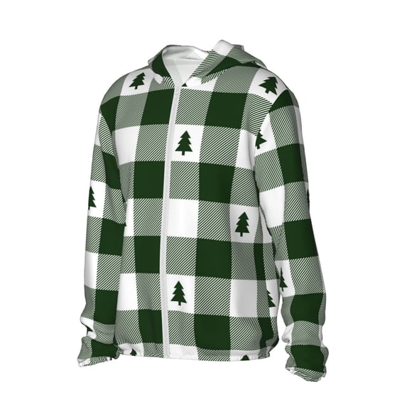 Uemuo Green White Lumberjack Plaid Pattern Women's Full Zip UPF 50+ Sun Protection Hoodie Jacket Long Sleeve Sun Shirt Hiking Outdoor Performance with Pockets-Medium