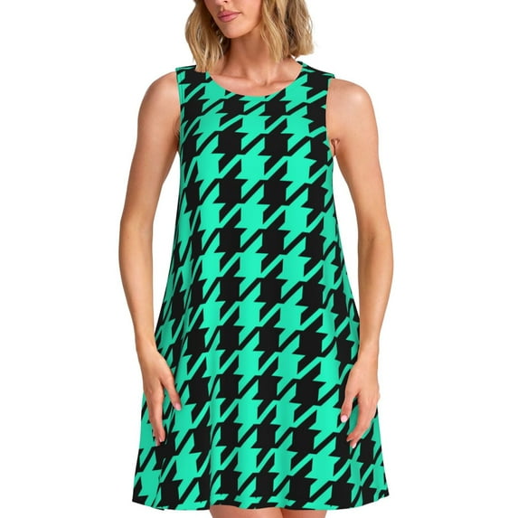 Uemuo Green and Black Houndstooth Pattern Women’s Sleeveless Dress – Casual Summer A-Line Dress, Stylish and Comfortable Sundress for Hot Weather