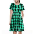thumbnail image 1 of Uemuo Green and Black Houndstooth Print Womens Summer Dress Casual Swing Short Sleeve Sundresses Beach A-line Shift Dress, 1 of 6
