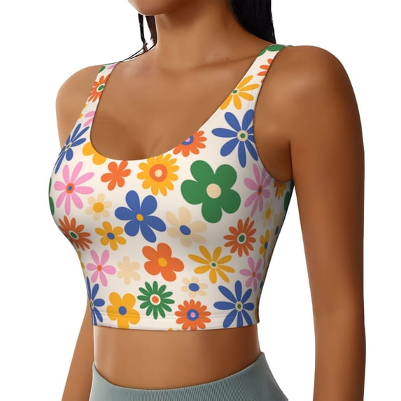 Uemuo Groovy Daisy Flowers Pattern Women's Sports Bra - High Impact Support, Breathable, and Comfortable Athletic Bra for Running, Yoga, and Workouts