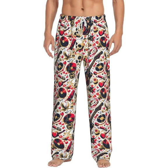 Uemuo Guitar Skull rock Pattern Men's Wide Leg Palazzo Lounge Pants with Pockets Light Weight Loose Comfy Casual Pajama Pants-Large