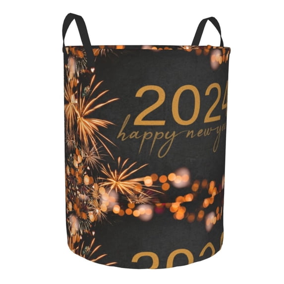 Uemuo HAPPY NEW YEAR 2024 Pattern Circular Laundry Hamper Basket with handles,Collapsible laundry basket,Large capacity laundry hamper,Laundry Organizer-Medium