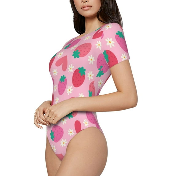 Uemuo Haear Strawberry Pattern Women's One Piece Short Sleeve Swimsuit Rash Guard Surfing Modest Quick-drying Swimsuit Beach Essentials-XX-Large