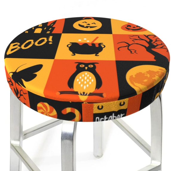 Uemuo Halloween Banner Symbols Pattern Round Bar Stool Seat Covers Washable Stool Cushion Slipcover Elastic Bar Chair Covers-12 inch