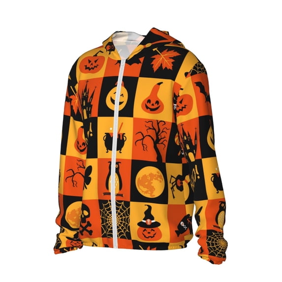 Uemuo Halloween Banner Symbols Pattern Women's Full Zip UPF 50+ Sun Protection Hoodie Jacket Long Sleeve Sun Shirt Hiking Outdoor Performance with Pockets-Medium