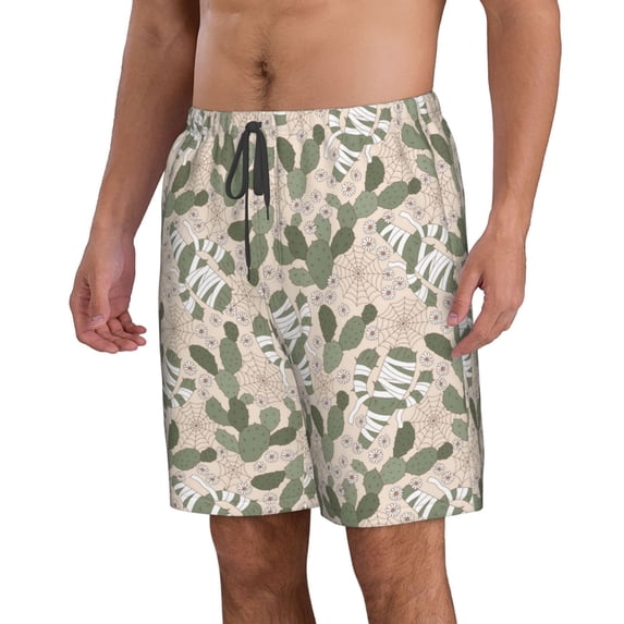 Uemuo Halloween Cactus Pattern Men's Swim Trunks Hawaiian Beach Bathing Suit Swimsuits Beach Quick-Dry Shorts with Pockets-Large