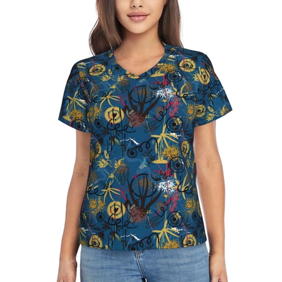 Uemuo Halloween Elements Printed Women's Classic V-Neck T-Shirt - Soft, Breathable, Moisture-Wicking, Perfect for Casual, Office, Travel, and Everyday Wear-Large