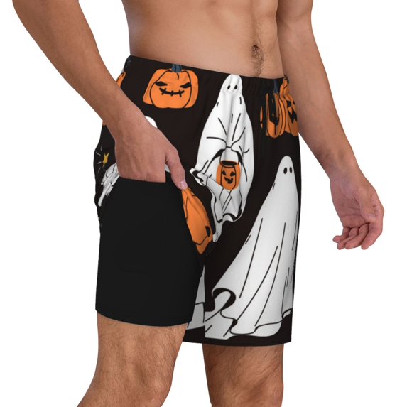 Uemuo Halloween Ghosts And Pumpkins Pattern Mens Swim Trunks Quick Dry Board Shorts with Mesh Lining, Stretch Beach Shorts Quick Dry No-Chafing Board Shorts-XX-Large
