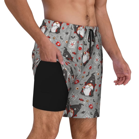 Uemuo Halloween Gnome Pattern Mens Swim Trunks Quick Dry Board Shorts with Mesh Lining, Stretch Beach Shorts Quick Dry No-Chafing Board Shorts-X-Large