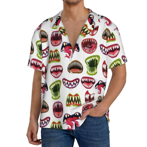 Uemuo Halloween Mouth Pattern Cotton Linen Short Sleeve Shirts,Casual Lightweight Button Down Shirts,Vacation Beach Summer Tops-4X-Large