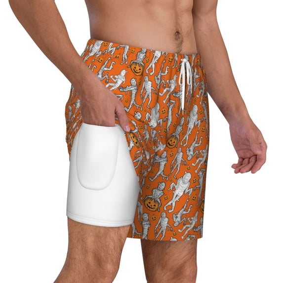 Uemuo Halloween Mummy Pattern Mens Swim Trunks Quick Dry Board Shorts with Mesh Lining, Stretch Beach Shorts Quick Dry No-Chafing Board Shorts-X-Large