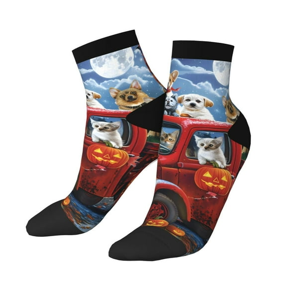 Uemuo Halloween Pets Pumpkins Printed Crew Socks, Moisture-Wicking Socks, Athletic Socks for Men Breathable Cushion Socks Casual Sport Socks for Running Traveling