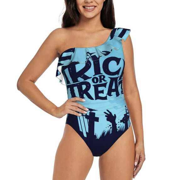 Uemuo Halloween Trick Or Treat Print Women's One Piece Swimsuit Asymmetrical Neck Bathing Suit One Shoulder Side Cutout Ruffle Swimwear-Medium