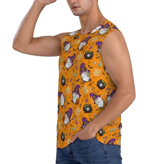 Uemuo Halloween Witches Gnome Pattern Men's Sleeveless T-Shirt,Muscle Athletic Tank Top, Moisture-wicking Quick-dry Breathable Classic Tee Top for Gym Run Outdoor Sports-Small
