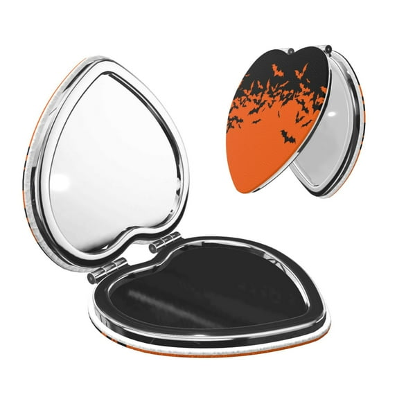Uemuo Halloween With Black Bats Print Compact Portable Pocket Makeup Mirror - Leather Cover, Elegant Travel Cosmetic Mirror for Purse, Pocket, and Handbag-Heart Shape
