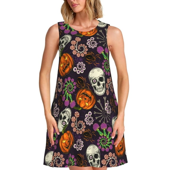 Uemuo Halloween With Skull Pattern Women’s Sleeveless Dress – Casual Summer A-Line Dress, Stylish and Comfortable Sundress for Hot Weather