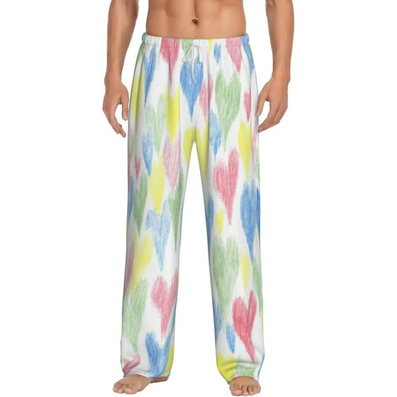 Uemuo Hand Drawn Colored Hearts Pattern Men's Wide Leg Palazzo Lounge Pants with Pockets Light Weight Loose Comfy Casual Pajama Pants-Medium