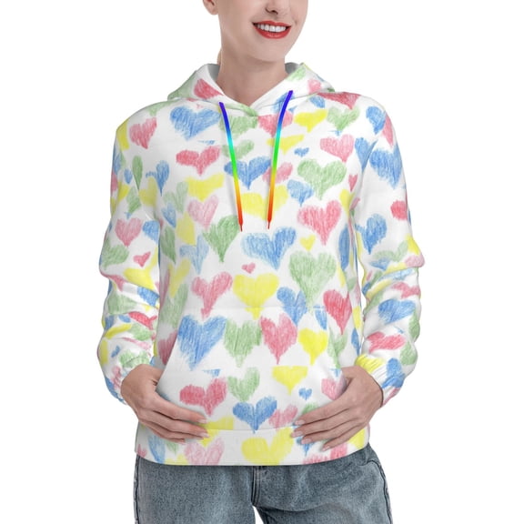 Uemuo Hand Drawn Colored Hearts Pattern Women's Hoodie with Eye-catching Drawstrings- Casual Pullover Hoodie with Kangaroo Pocket, Stylish Hooded Sweatshirt-Small