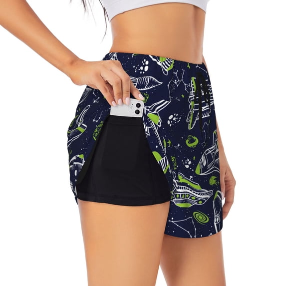 Uemuo Hand Drawn Rockets Pattern Women's Athletic Shorts High Waisted Running Shorts with Liner Pockets Gym Elastic Workout Shorts-Small