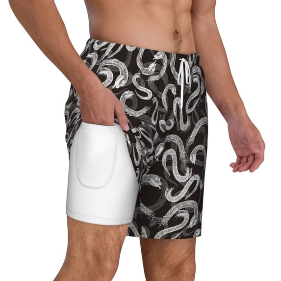 Uemuo Hand Drawn Snake Pattern Mens Swim Trunks Quick Dry Board Shorts with Mesh Lining, Stretch Beach Shorts Quick Dry No-Chafing Board Shorts-X-Large
