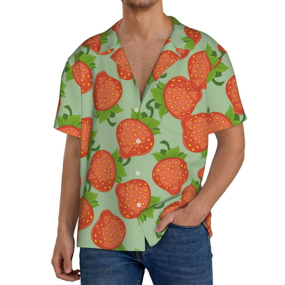 Uemuo Hand Drawn Strawberry Pattern Cotton Linen Short Sleeve Shirts,Casual Lightweight Button Down Shirts,Vacation Beach Summer Tops-3X-Large