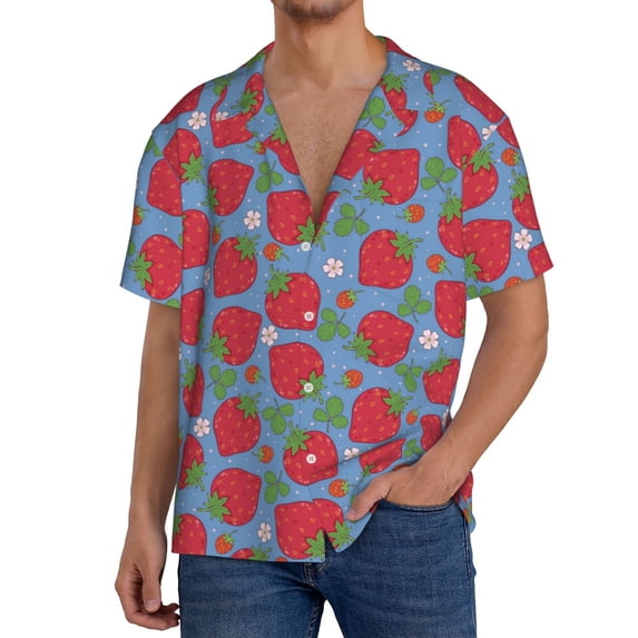 Uemuo Hand Drawn Strawberry Pattern Cotton Linen Short Sleeve Shirts,Casual Lightweight Button Down Shirts,Vacation Beach Summer Tops-Small