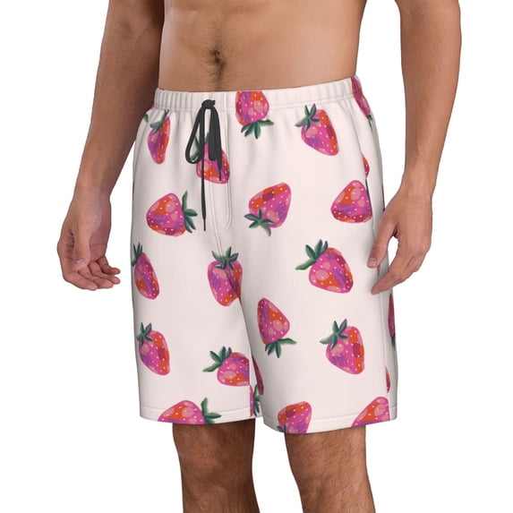 Uemuo Hand Drawn Strawberry Pattern Men's Swim Trunks Hawaiian Beach Bathing Suit Swimsuits Beach Quick-Dry Shorts with Pockets-Large