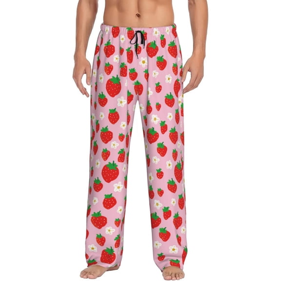 Uemuo Hand Drawn Strawberry Pattern Men's Wide Leg Palazzo Lounge Pants with Pockets Light Weight Loose Comfy Casual Pajama Pants-Small