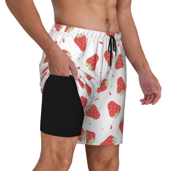 Uemuo Hand Drawn Strawberry Pattern Mens Swim Trunks Quick Dry Board Shorts with Mesh Lining, Stretch Beach Shorts Quick Dry No-Chafing Board Shorts-Medium