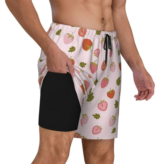 Uemuo Hand Drawn Strawberry Pattern Mens Swim Trunks Quick Dry Board Shorts with Mesh Lining, Stretch Beach Shorts Quick Dry No-Chafing Board Shorts-XX-Large