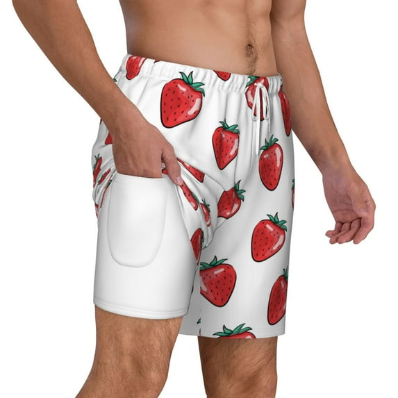 Uemuo Hand Drawn Strawberry Pattern Mens Swim Trunks Quick Dry Board Shorts with Mesh Lining, Stretch Beach Shorts Quick Dry No-Chafing Board Shorts-XX-Large