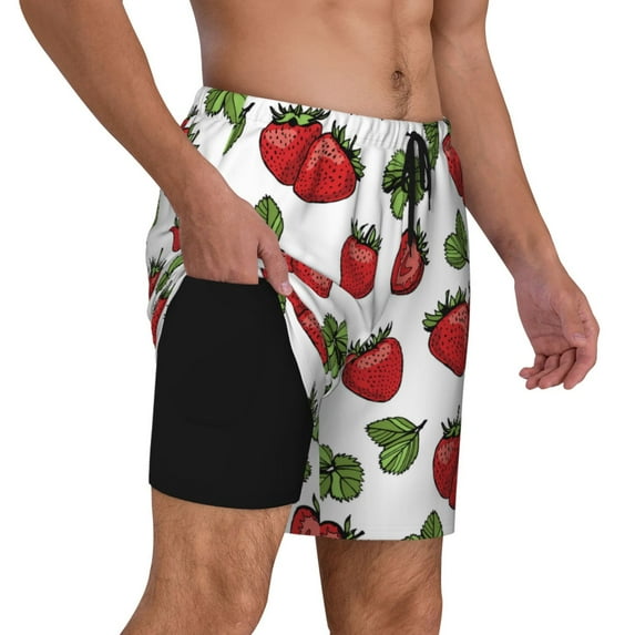 Uemuo Hand Drawn Strawberry Pattern Mens Swim Trunks Quick Dry Board Shorts with Mesh Lining, Stretch Beach Shorts Quick Dry No-Chafing Board Shorts-