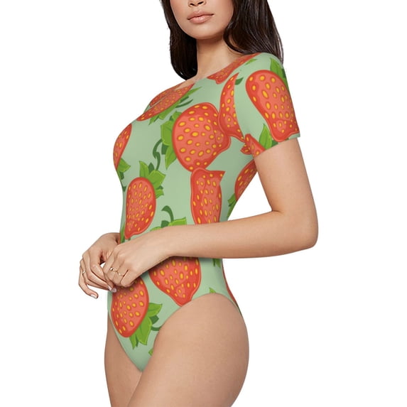 Uemuo Hand Drawn Strawberry Pattern Women's One Piece Short Sleeve Swimsuit Rash Guard Surfing Modest Quick-drying Swimsuit Beach Essentials-