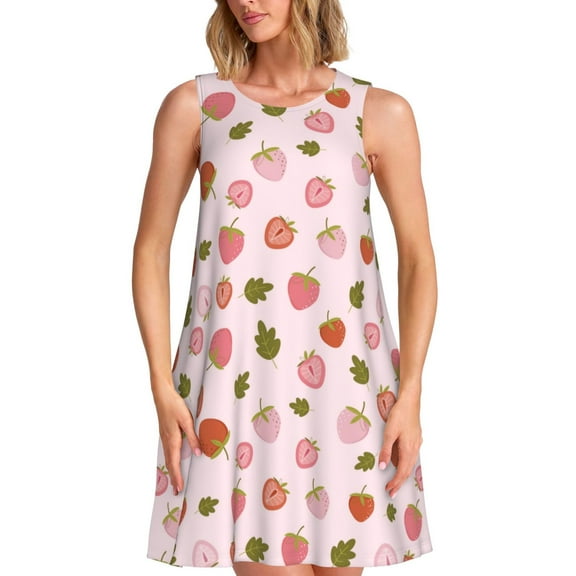 Uemuo Hand Drawn Strawberry Pattern Women’s Sleeveless Dress – Casual Summer A-Line Dress, Stylish and Comfortable Sundress for Hot Weather