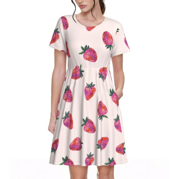 Uemuo Hand Drawn Strawberry Print Womens Summer Dress Casual Swing Short Sleeve Sundresses Beach A-line Shift Dress