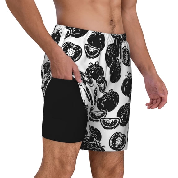 Uemuo Hand Drawn Tomatoes Pattern Mens Swim Trunks Quick Dry Board Shorts with Mesh Lining, Stretch Beach Shorts Quick Dry No-Chafing Board Shorts-3X-Large