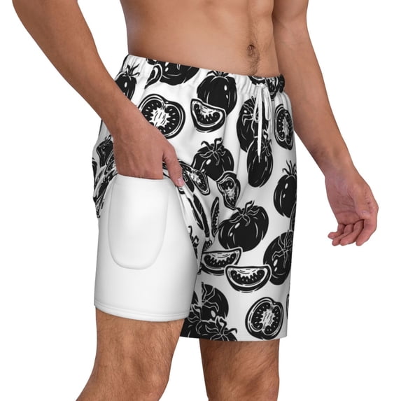 Uemuo Hand Drawn Tomatoes Pattern Mens Swim Trunks Quick Dry Board Shorts with Mesh Lining, Stretch Beach Shorts Quick Dry No-Chafing Board Shorts-Small