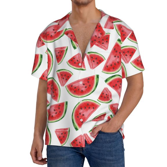 Uemuo Hand Drawn Watermelon Pattern Cotton Linen Short Sleeve Shirts,Casual Lightweight Button Down Shirts,Vacation Beach Summer Tops-Large