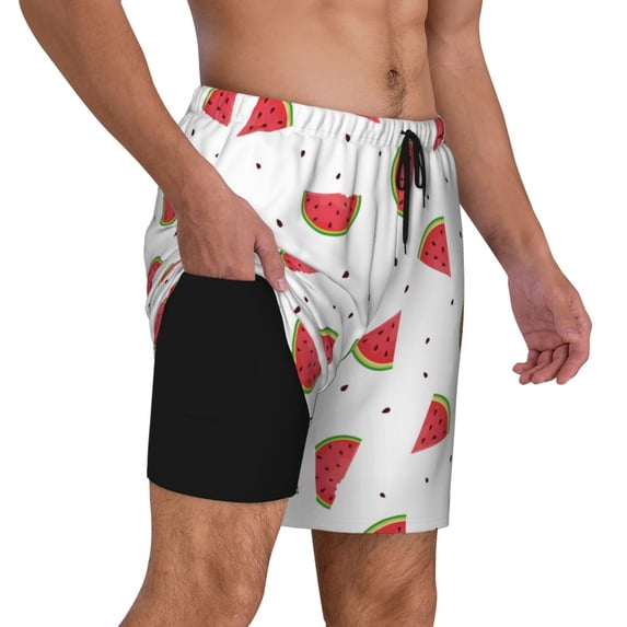 Uemuo Hand Drawn Watermelon Pattern Mens Swim Trunks Quick Dry Board Shorts with Mesh Lining, Stretch Beach Shorts Quick Dry No-Chafing Board Shorts-Small