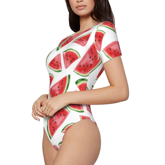 Uemuo Hand Drawn Watermelon Pattern Women's One Piece Short Sleeve Swimsuit Rash Guard Surfing Modest Quick-drying Swimsuit Beach Essentials-X-Large