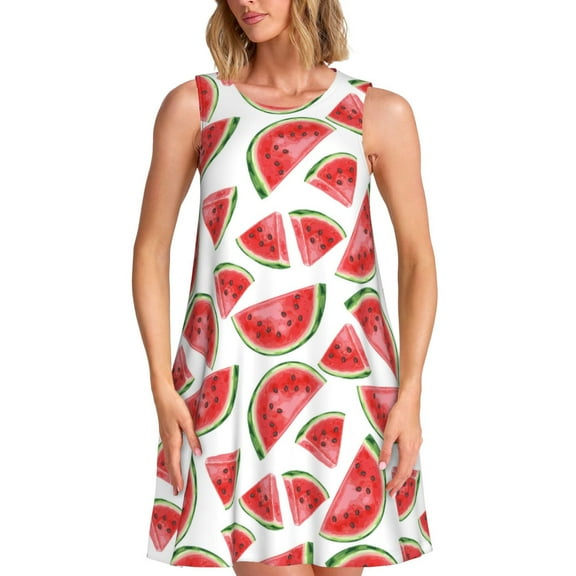 Uemuo Hand Drawn Watermelon Pattern Women’s Sleeveless Dress – Casual Summer A-Line Dress, Stylish and Comfortable Sundress for Hot Weather
