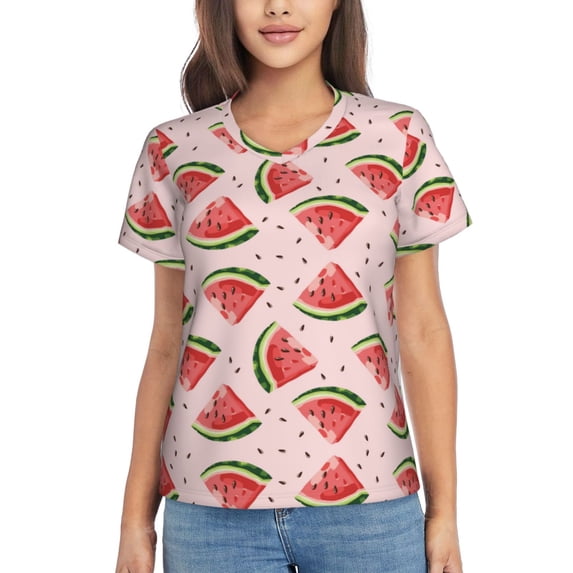 Uemuo Hand Drawn Watermelon Printed Women's Classic V-Neck T-Shirt - Soft, Breathable, Moisture-Wicking, Perfect for Casual, Office, Travel, and Everyday Wear-Medium