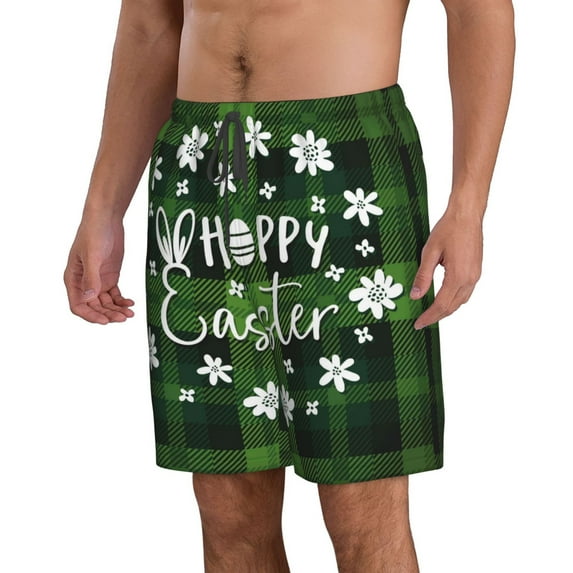 Uemuo Happy Easter Pattern Men's Swim Trunks Hawaiian Beach Bathing Suit Swimsuits Beach Quick-Dry Shorts with Pockets-Medium