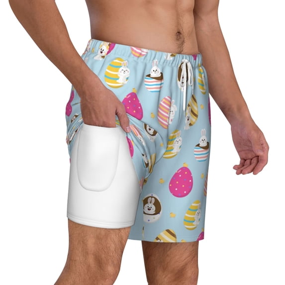 Uemuo Happy Easter Pattern Mens Swim Trunks Quick Dry Board Shorts with Mesh Lining, Stretch Beach Shorts Quick Dry No-Chafing Board Shorts-Large